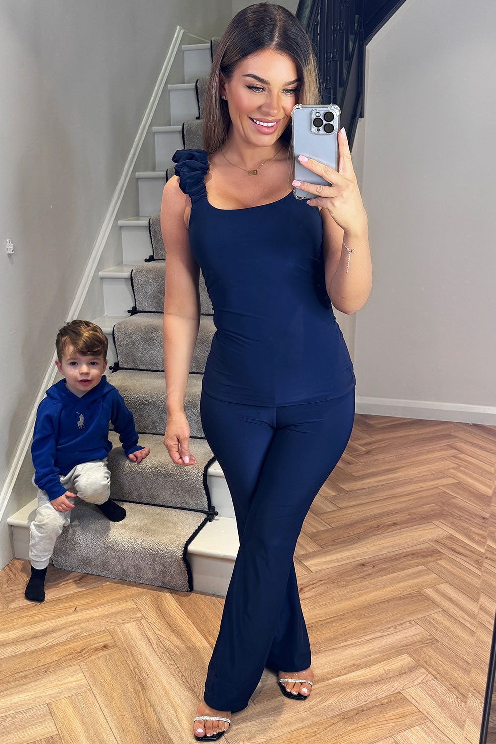 womens ruched gathered detail sleeveless top and straight leg trousers two piece set going out christmas party outfit