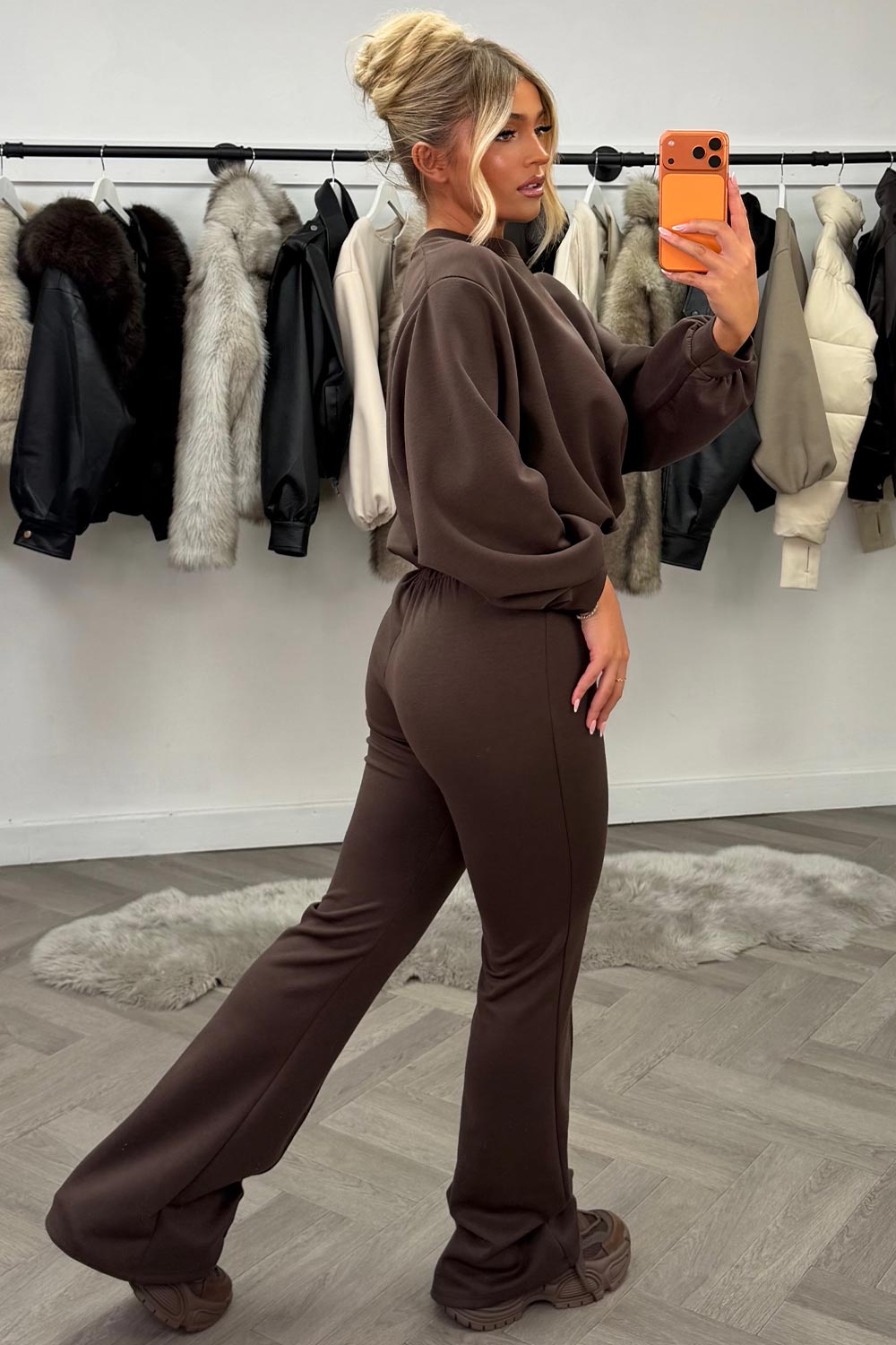 womens crop oversized sweatshirt and flare trouser two piece co ord set brown styledup