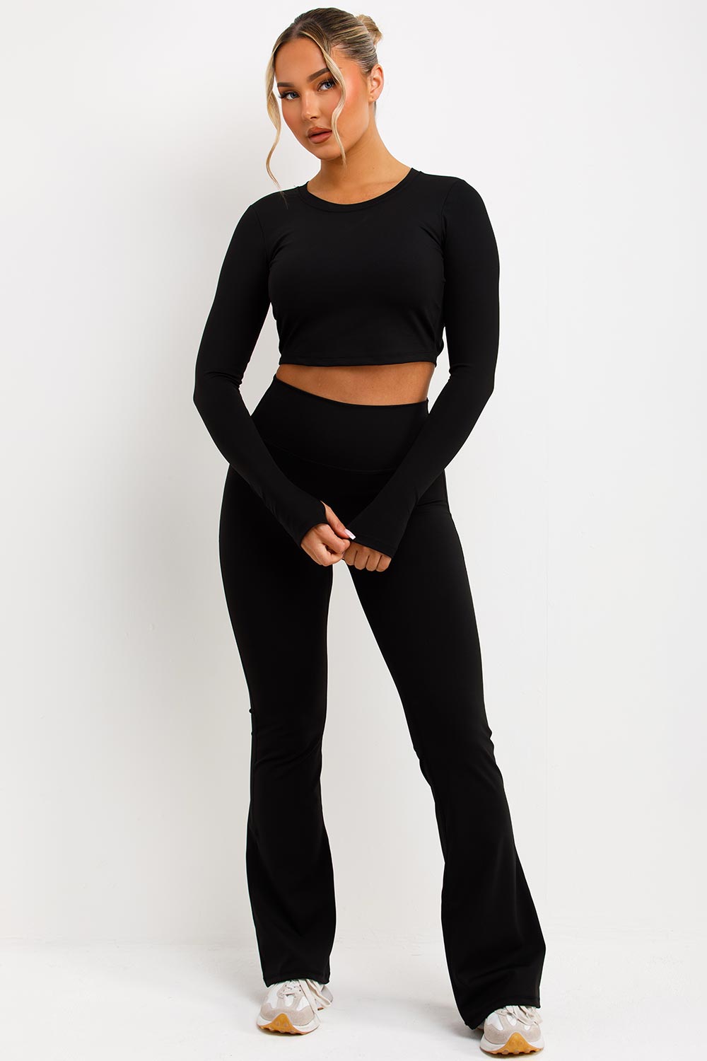 skims sports crop top and flare trousers with ruched scrunch bum two piece set