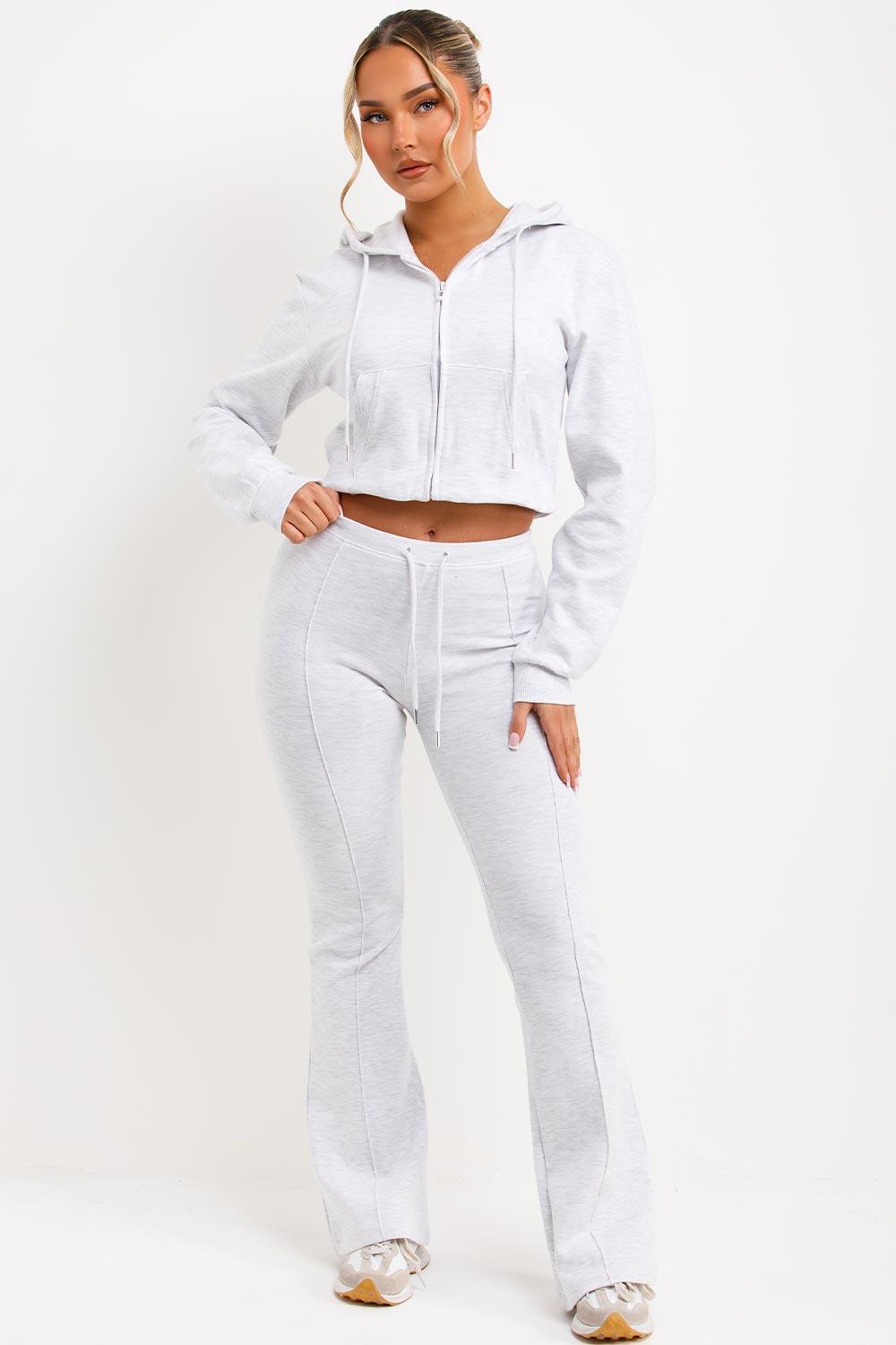 zara womens crop interlocked sweatshirt and bell bottom trousers two piece loungewear set styledup