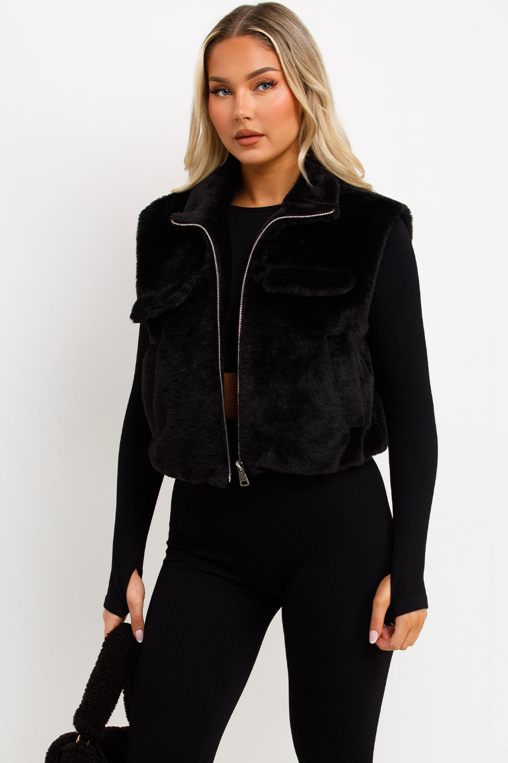 zip up front teddy gilet cropped
