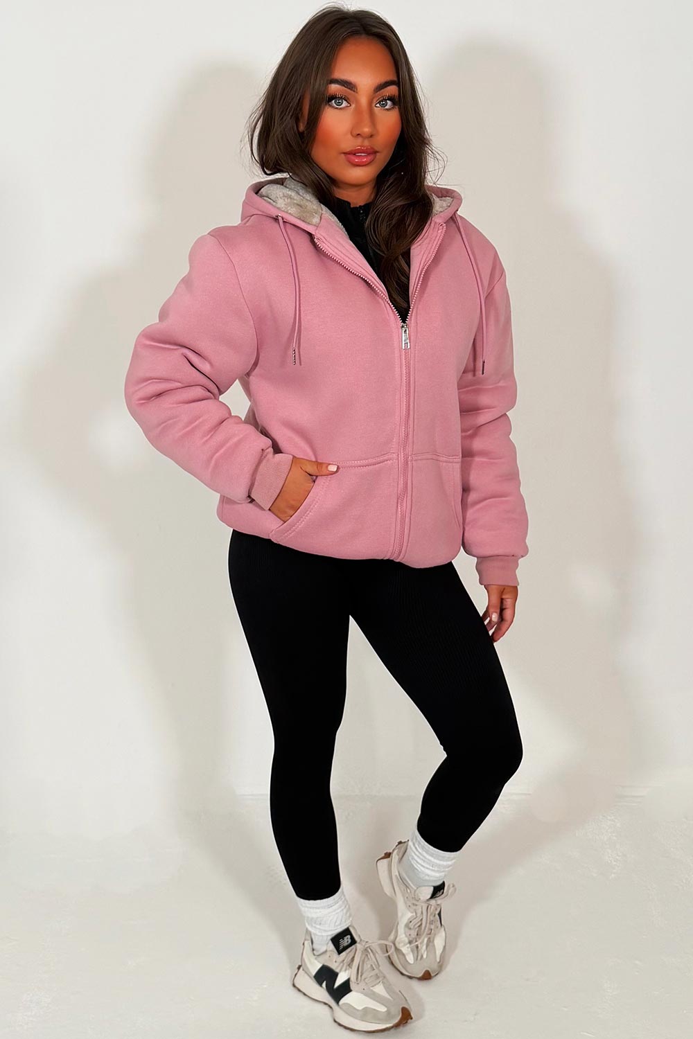 fur lined zip up hoodie for womens pink styledup
