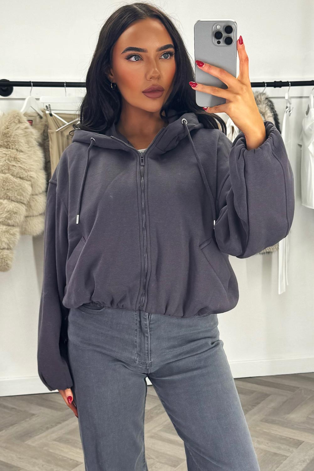 womens hooded jacket with elastic hem long sleeves and double welt pockets zara uk