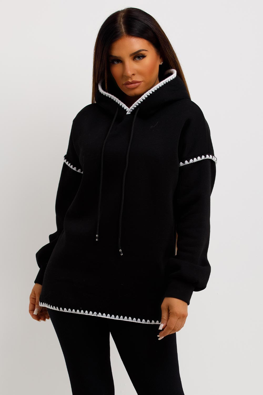 womens hooded sweatshirt with contrast blanket stitching