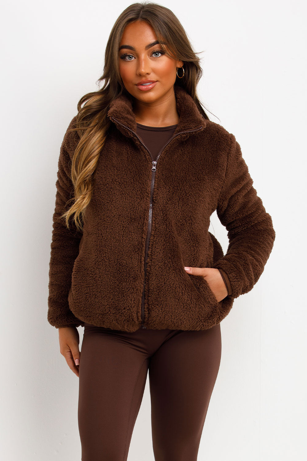 womens long sleeve teddy bear borg jacket with long sleeves