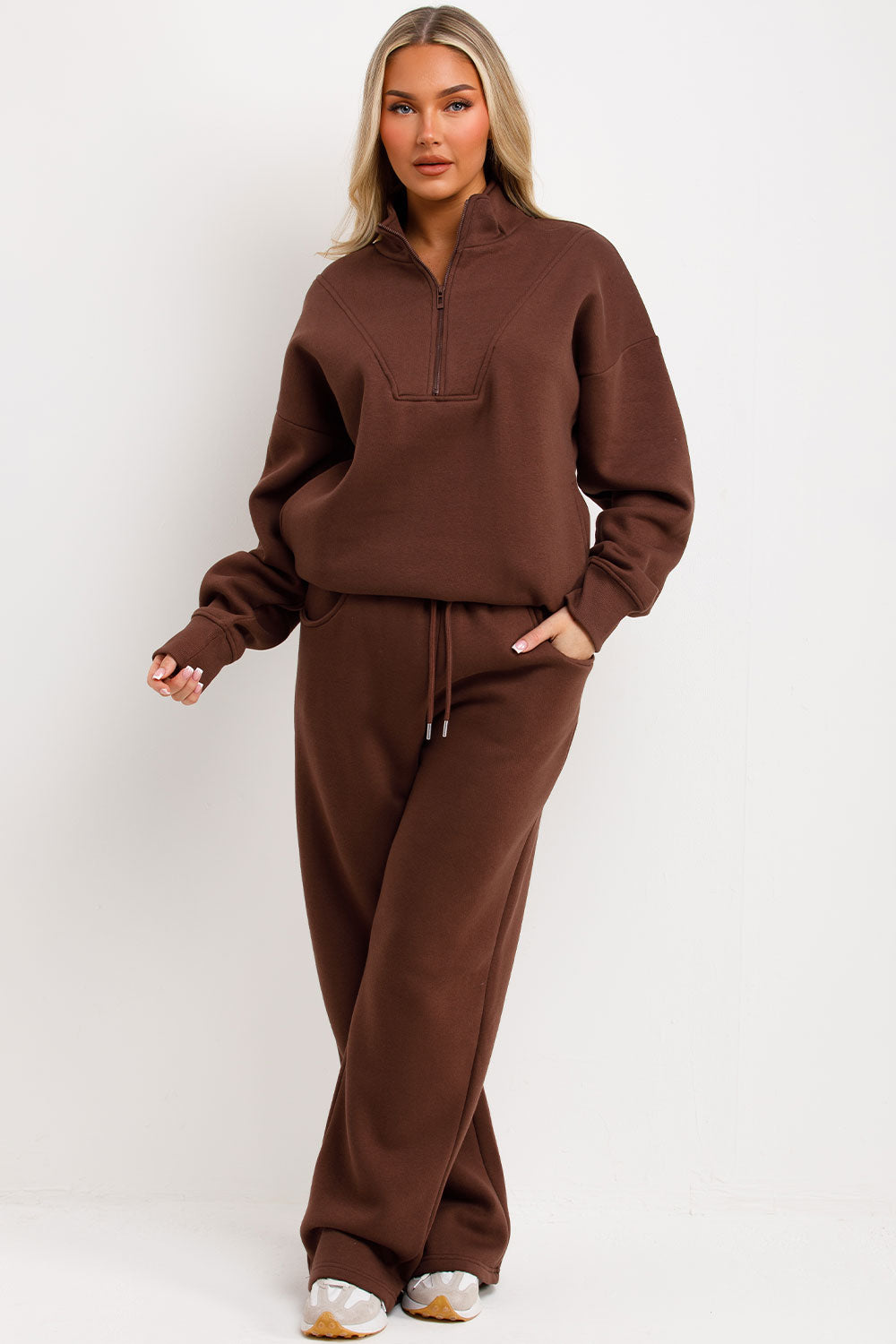 womens half zip jumper and jogger loungewear co ord casual outfit for winter spring summer