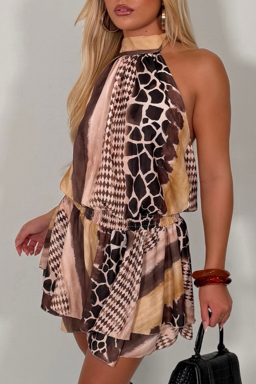halter neck backless ruffle frilly playsuit night out outfit animal abstract print styledup uk