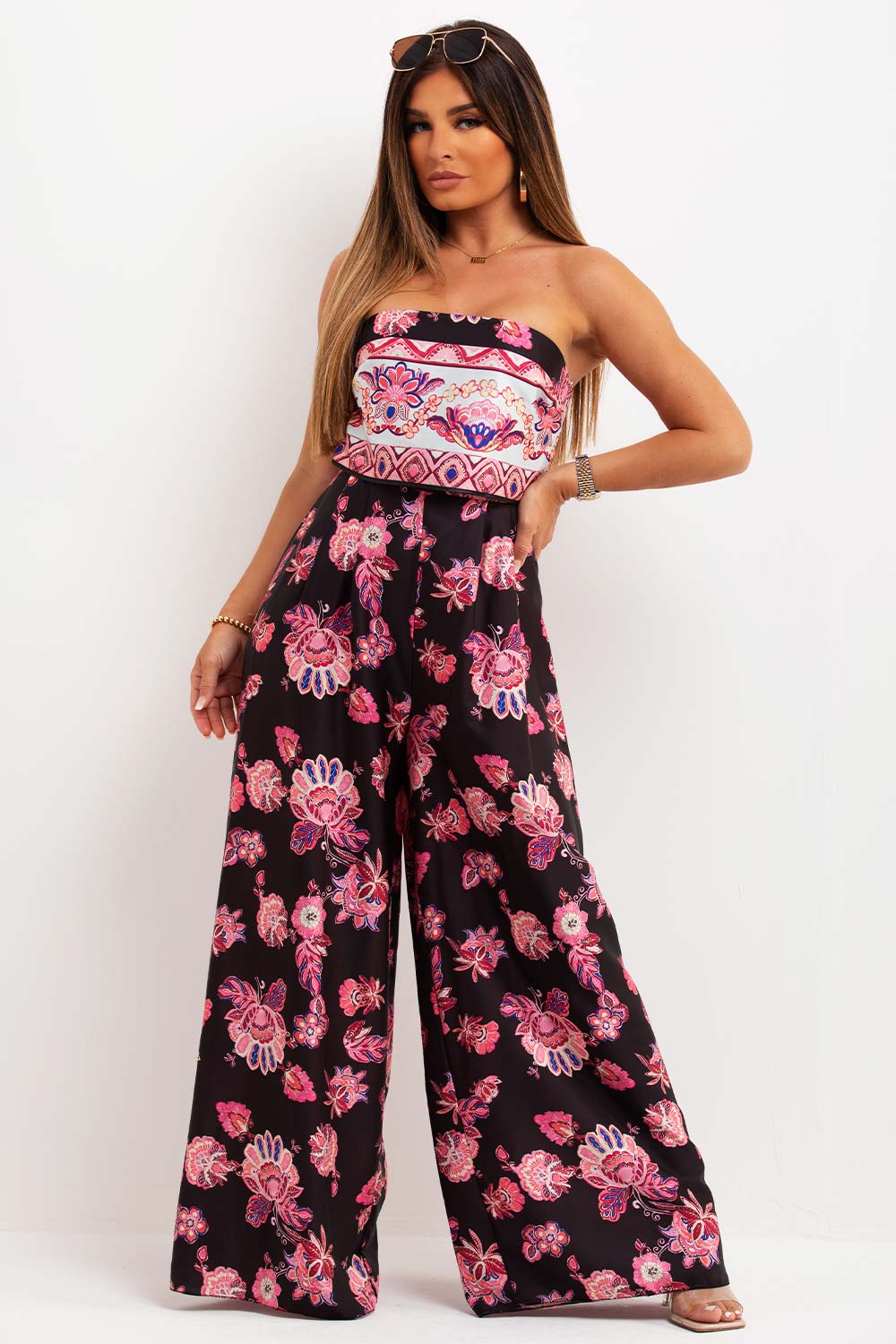 satin floral wide leg bandeau jumpsuit