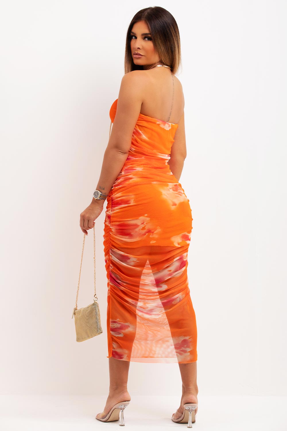 ruched mesh midi skirt and bandeau top co ord