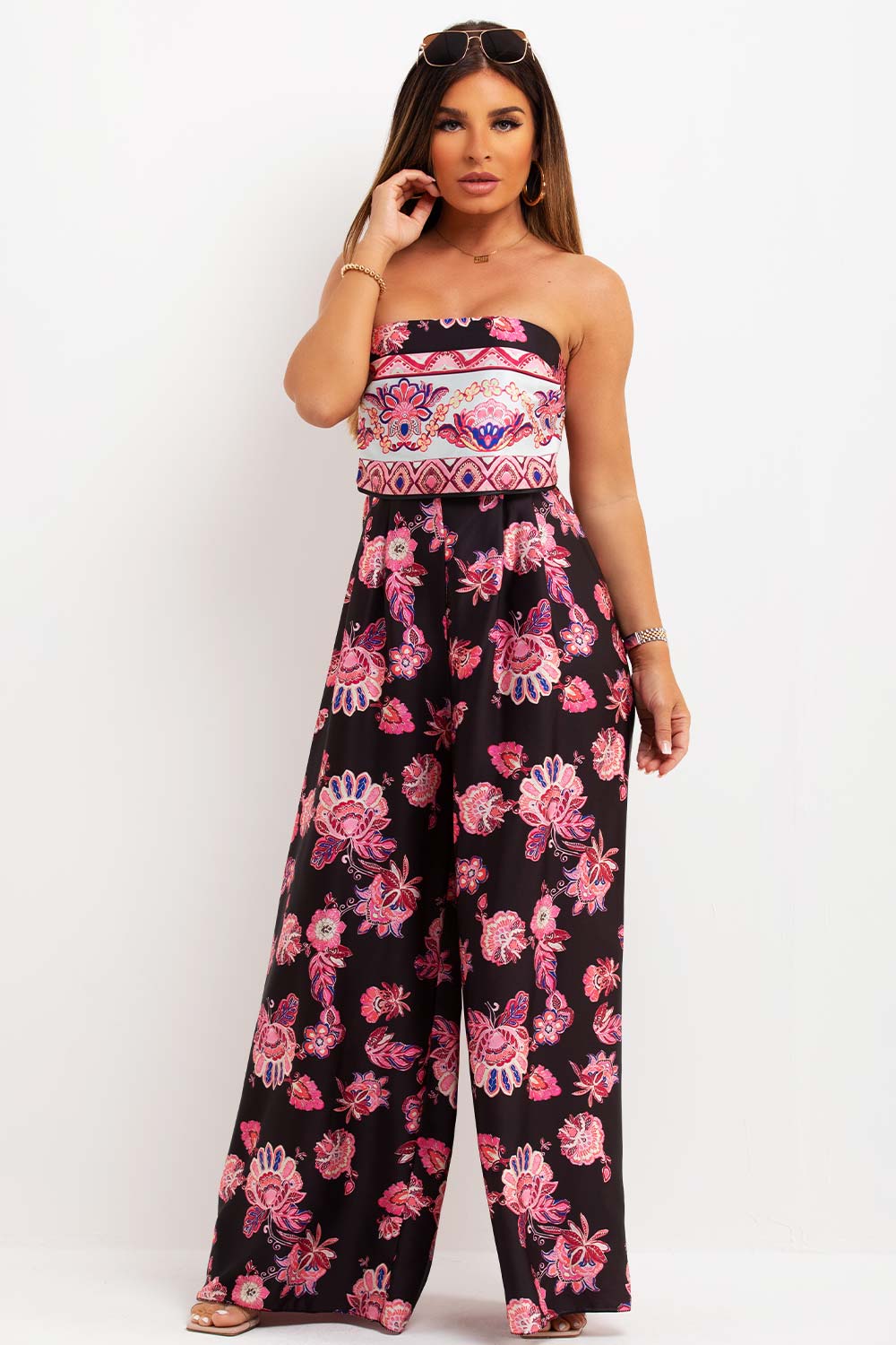 satin floral wide leg bandeau jumpsuit