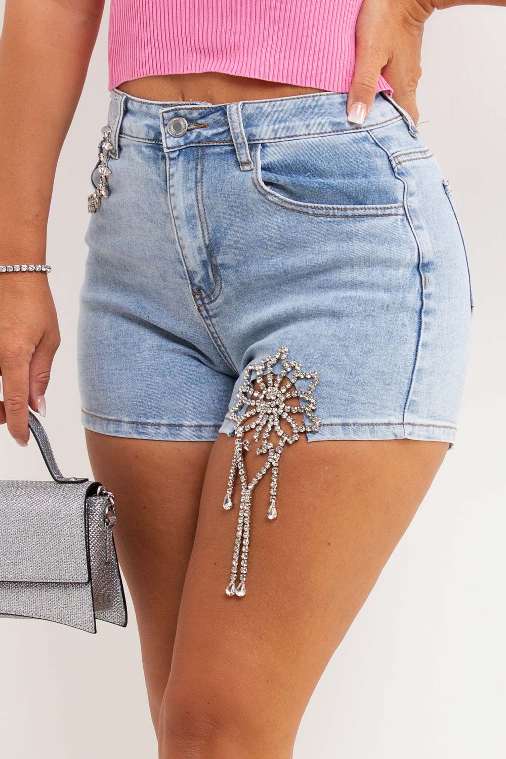 womens denim shorts with diamante flower