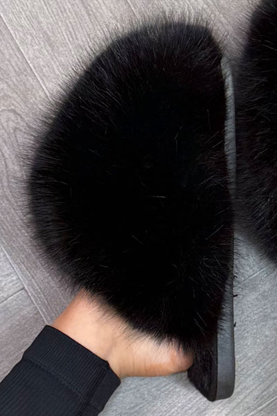 Women's Faux Fur Fluffy Slippers Black –