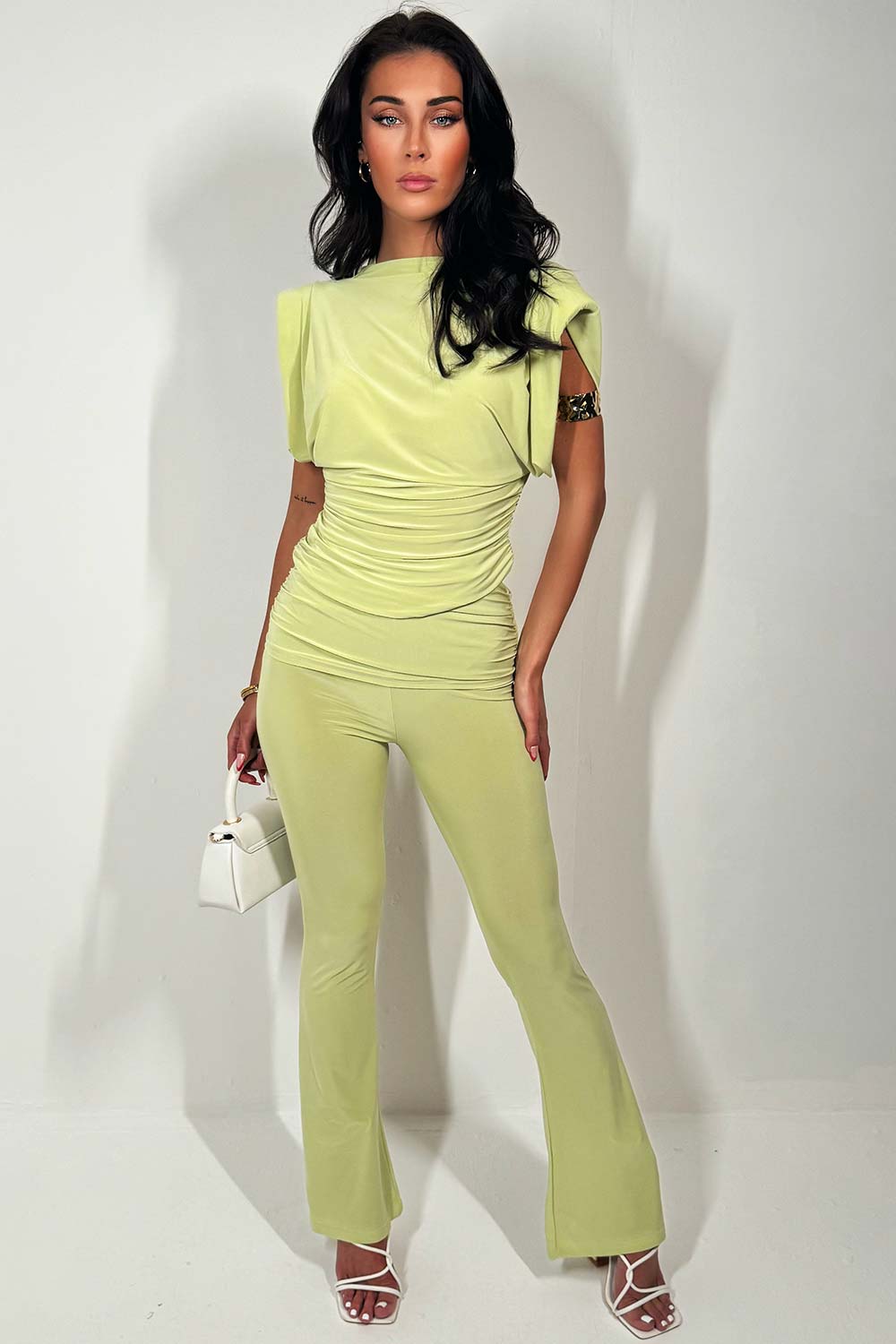 womens fold over skinny flare trousers and occasion top co ord set