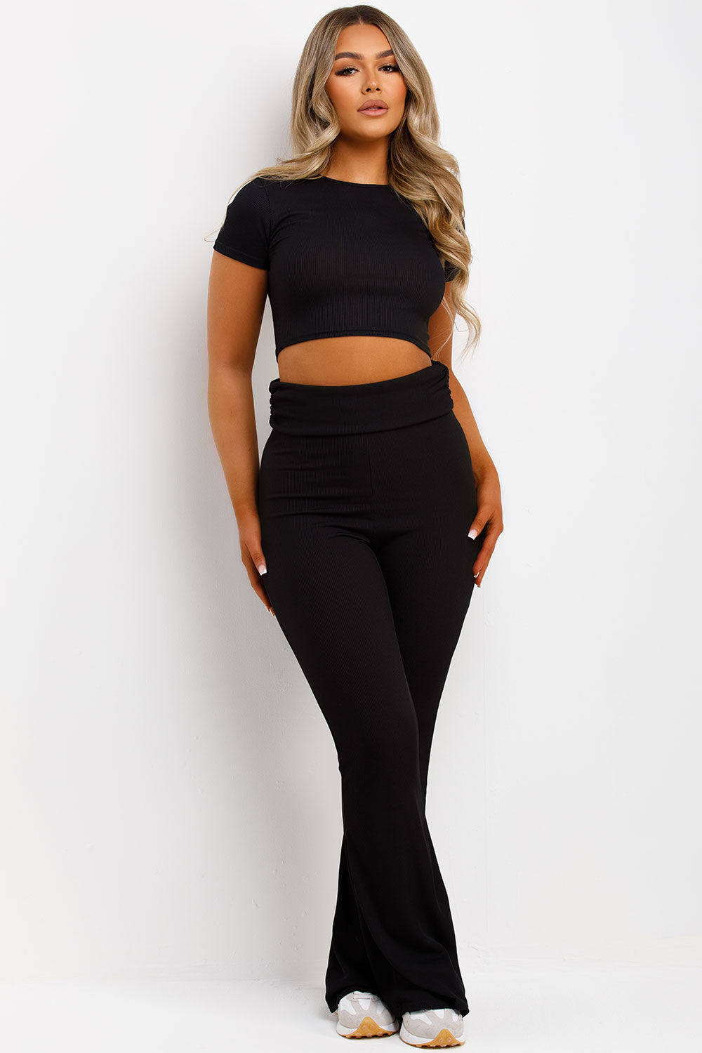 flared ribbed trousers with fold detail and crop top two piece matching set