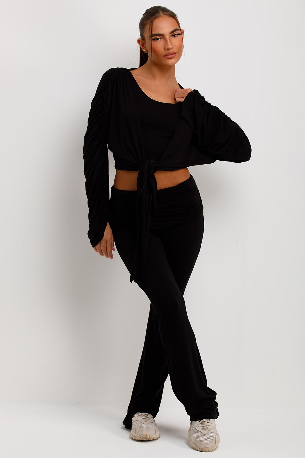 ruched cardigan crop top and fold over flared trousers three piece matching set black loungewear