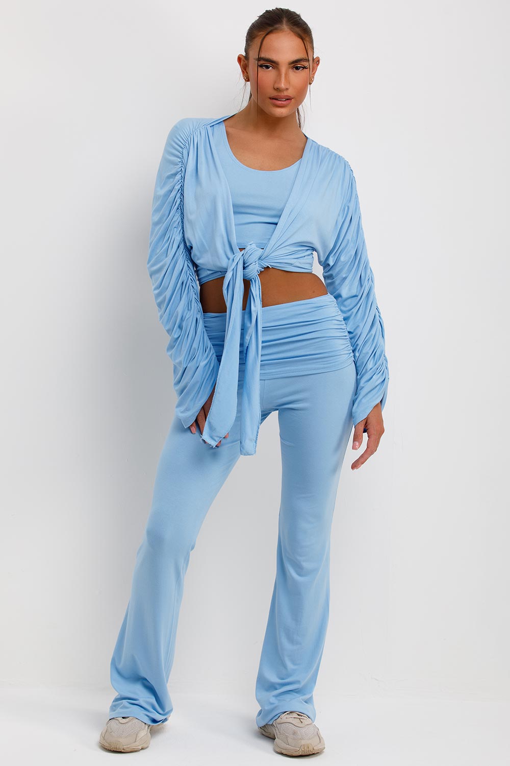 fold detail flare trousers crop top and ruched sleeve cardigan three piece co ord set loungewear