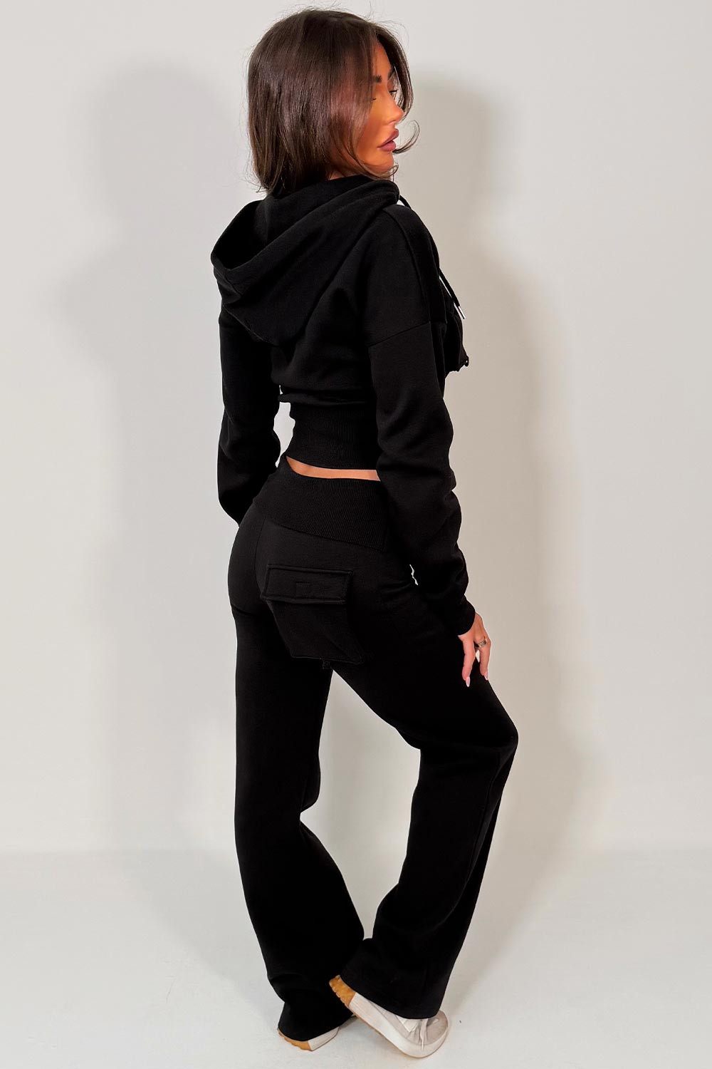 womens fold over flare trousers and crop hoodie tracksuit co ord set black styledup uk