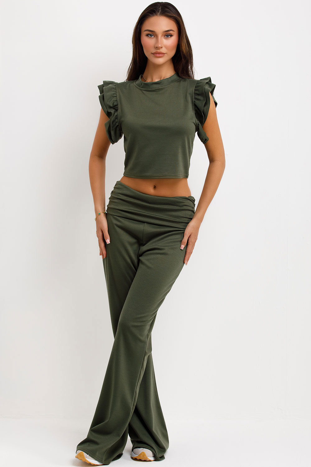 frill ruffle sleeve top and fold flare trousers two piece set