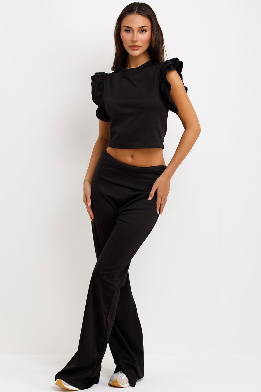 womens fold detail flare trousers and frill ruffle sleeve top two piece set