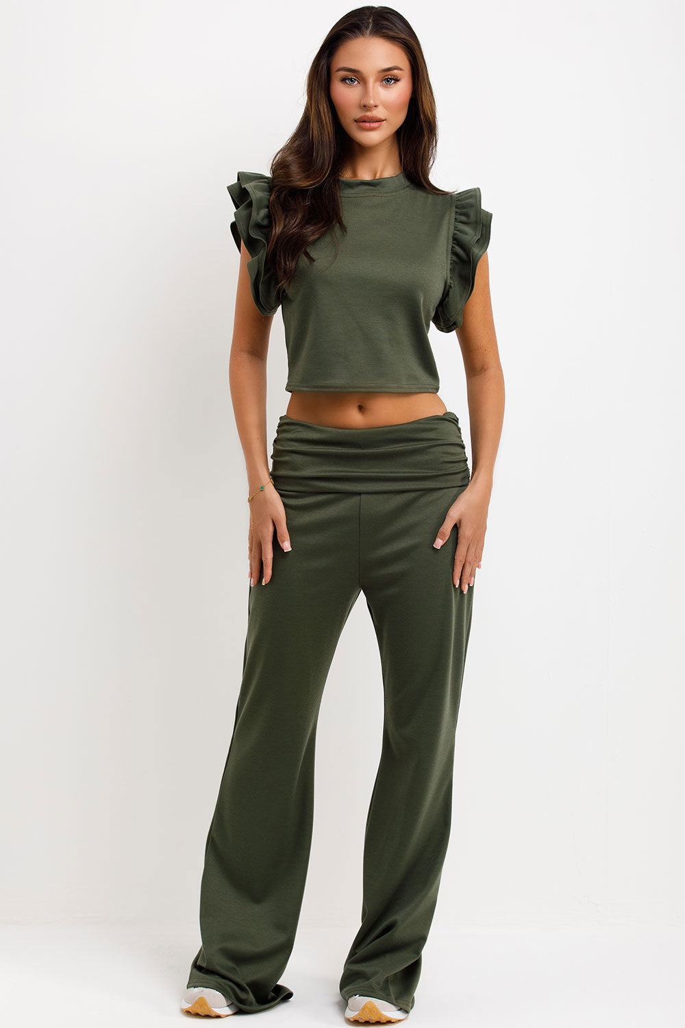 ruffle frill sleeve top and skinny flare trouaers with fold detail two piece set khaki
