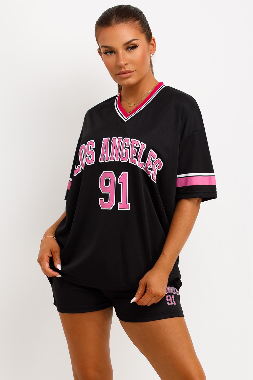 womens oversized football jersey t shirt and shorts two piece co ord set oversized