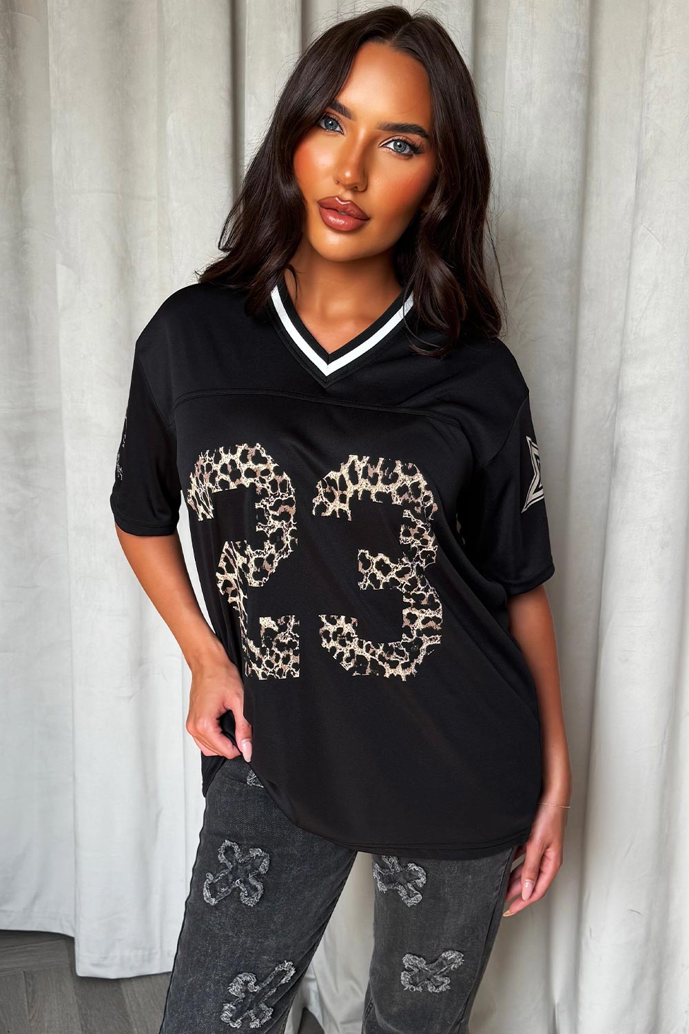 womens football jersey top with leopard print festival outfit