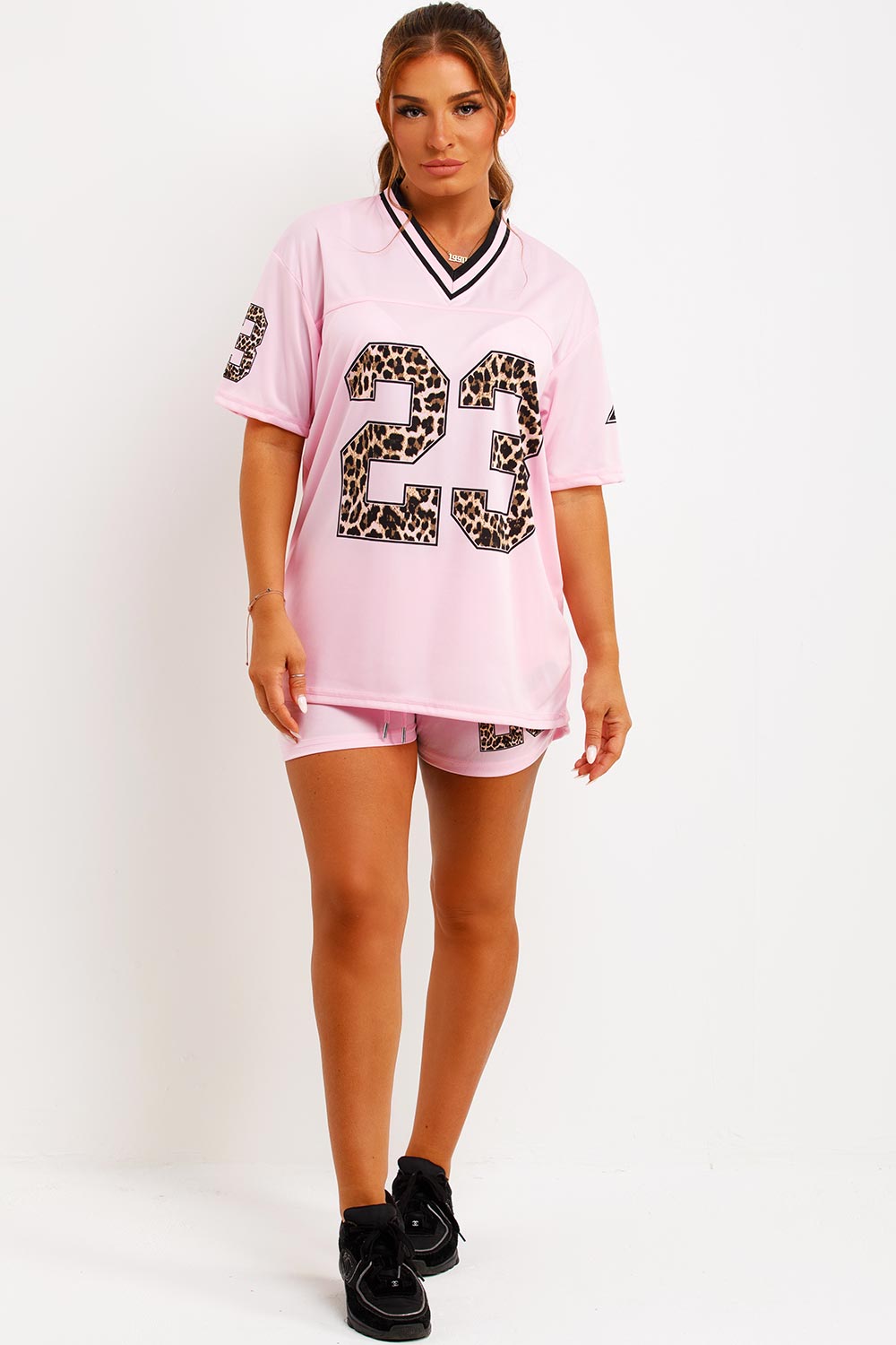football jersey top with leopard print and matching shorts co ord set festival rave clothes styledup