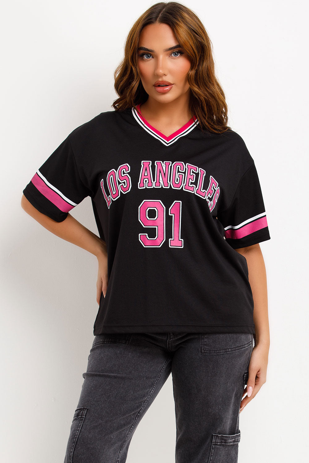 womens 91 los angeles slogan oversized jersey t shirt black