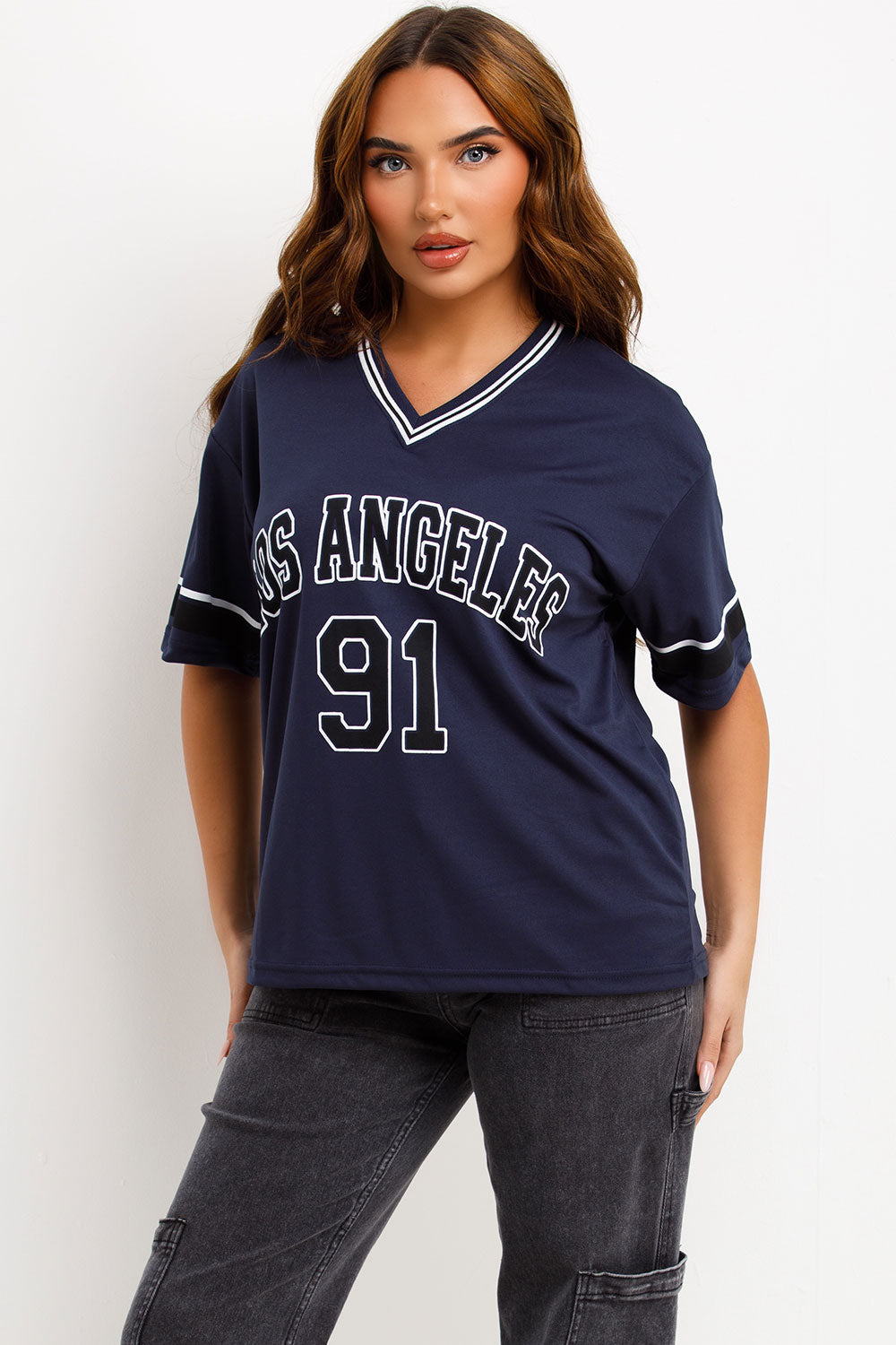 womens 91 los angeles slogan oversized jersey t shirt navy