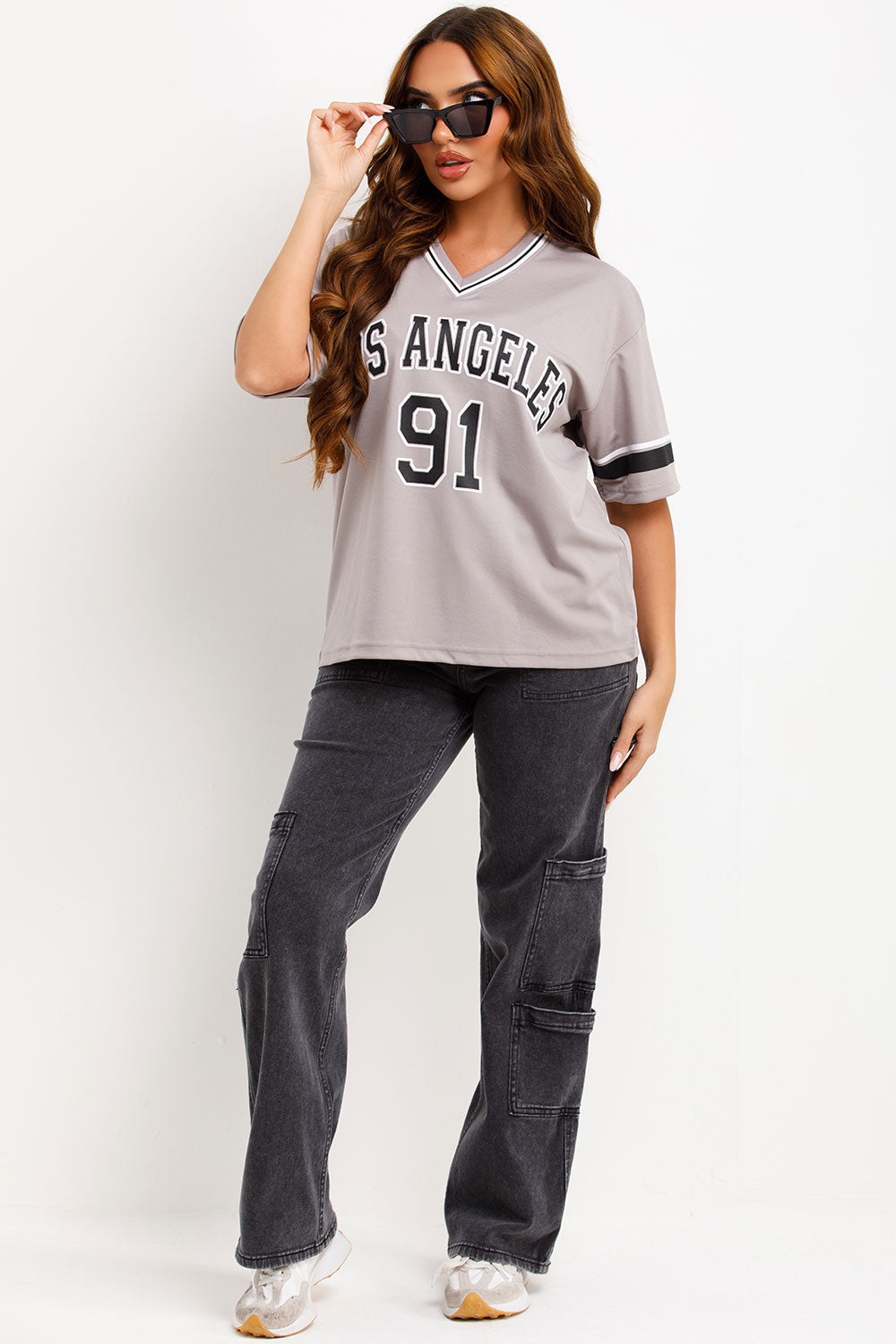 los angeles print oversized oot ball jersey t shirt grey