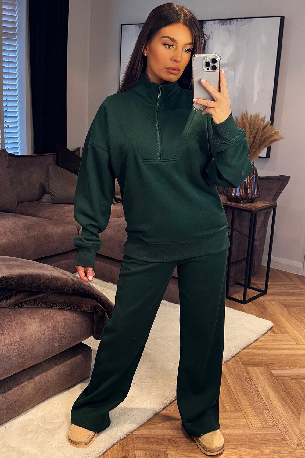 womens half zip sweatshirt and joggers tracksuit set airport outfit