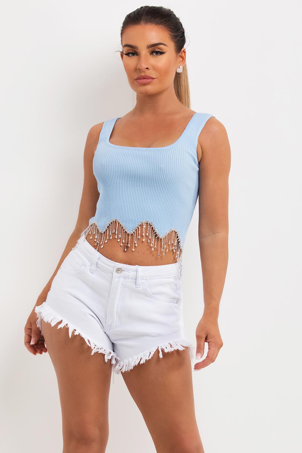 white denim shorts with frayed hem uk