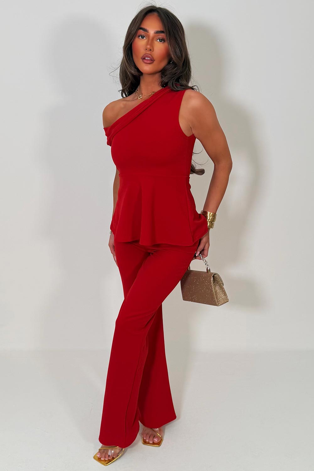 one shoulder going out top and wide leg trousers two piece occasion outfit for womens day out races styledup uk
