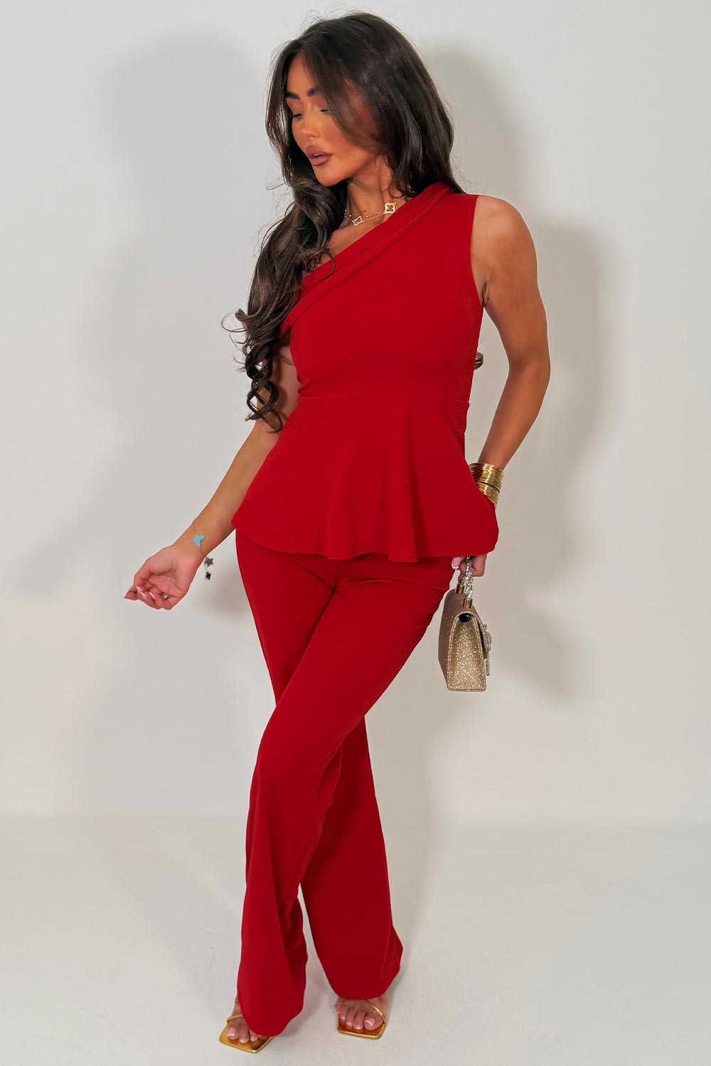 wide leg trousers and one shoulder top two piece going out occasion outfit for womens races ladies day outfits uk styledup