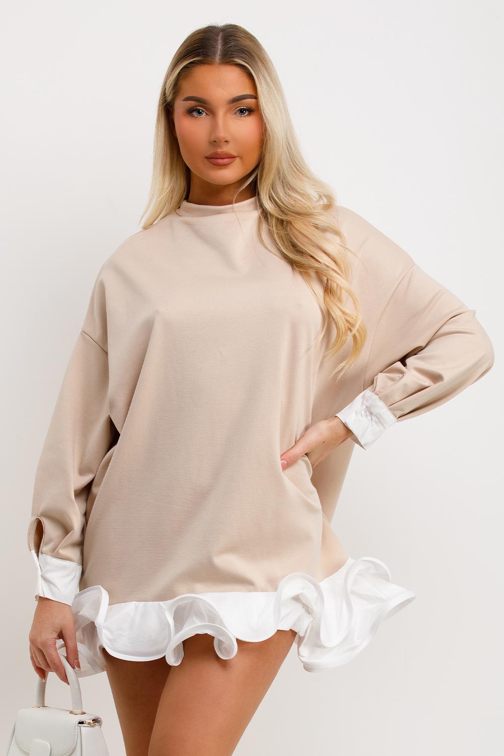womens long sleeve oversized frill hem sweatshirt dress
