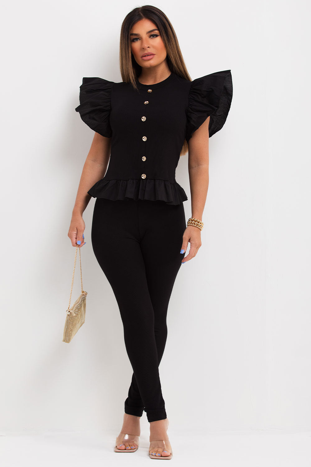 gold button ruffle frill sleeve peplum hem co ord uk