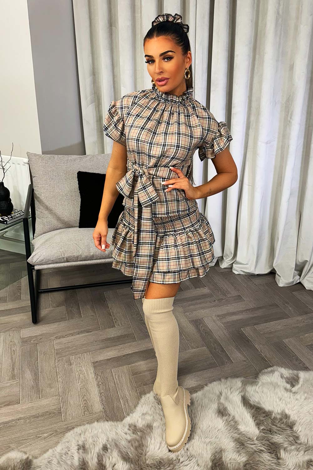 beige checkered rara frilly skirt top and scrunchie co ord set christmas party outfit