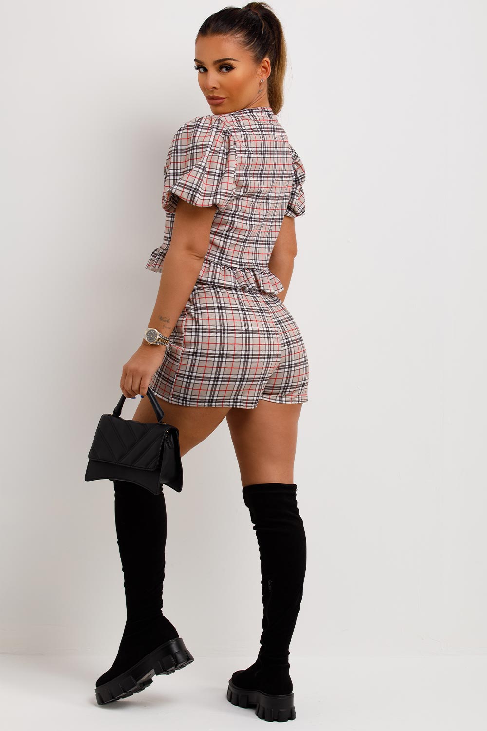 frill hem puff shoulder crop top and shorts co ord set