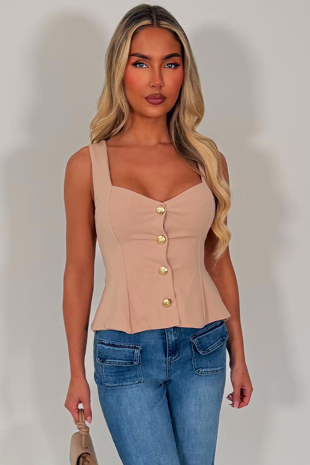 gold button going out peplum top styledup fashion