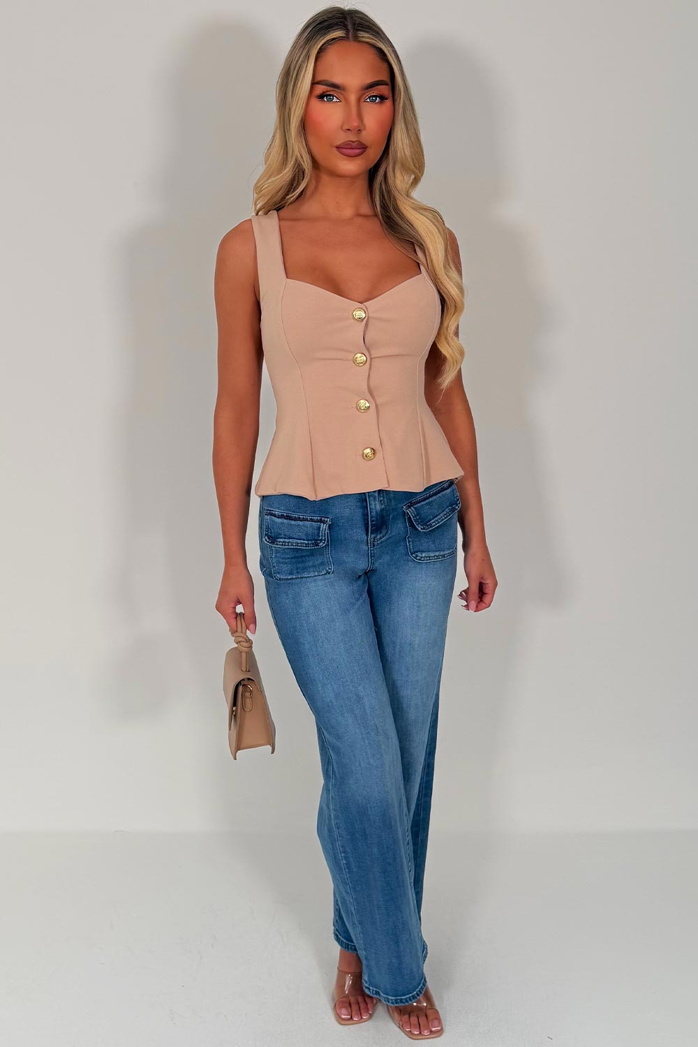 going out gold button peplum top for womens occasion outfit