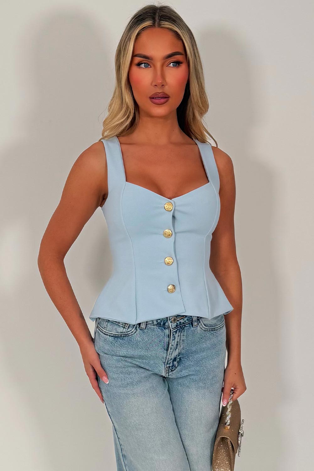 zara womens going out day night occasion top with gold buttons peplum hem styledup