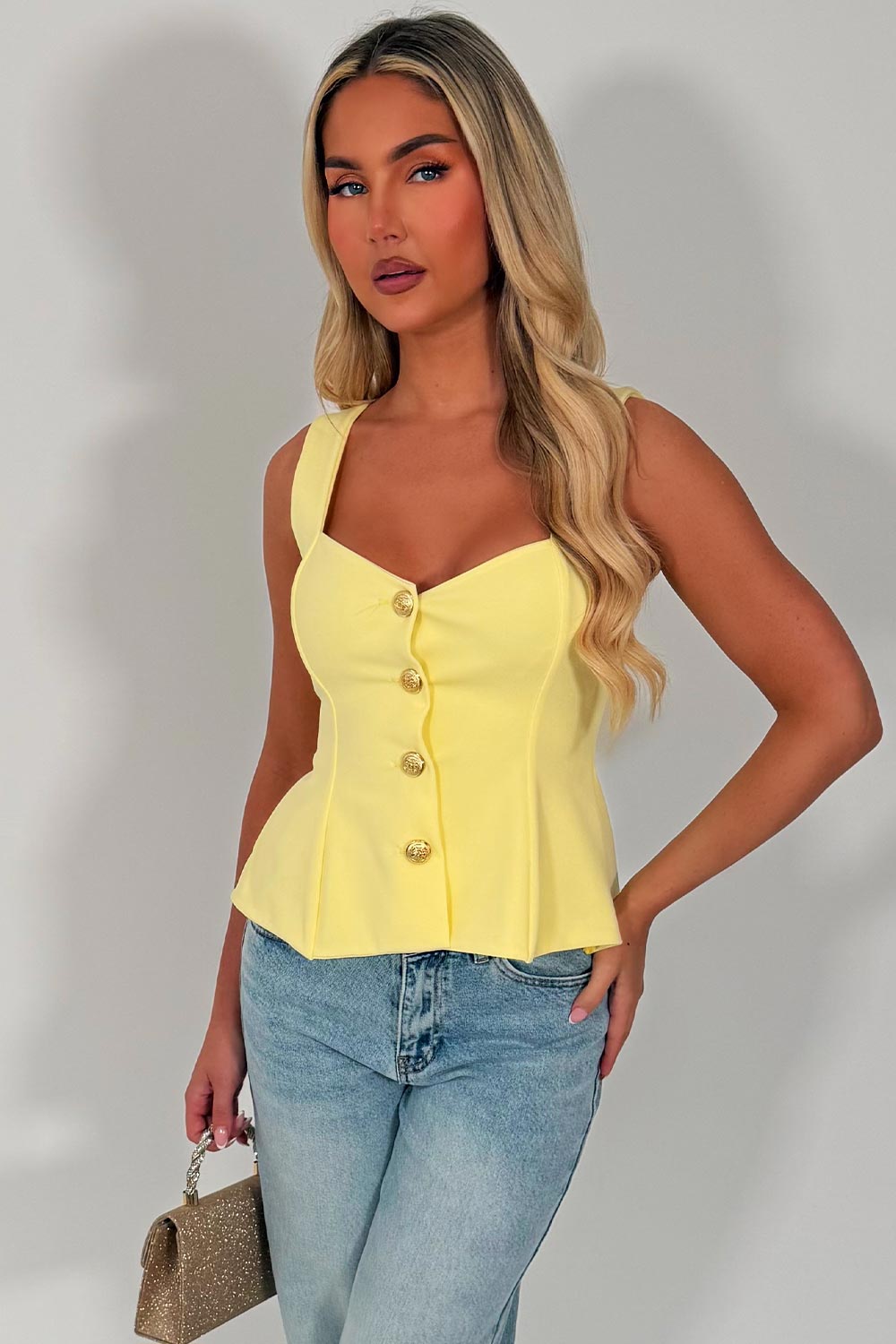 zara womens going out day night occasion top with gold buttons peplum hem styledup