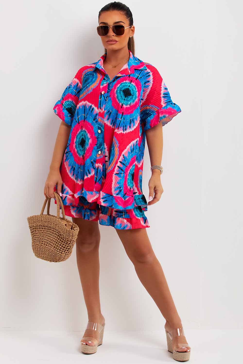 womens plisse button front frill hem shirt and shorts set tiktok co ord