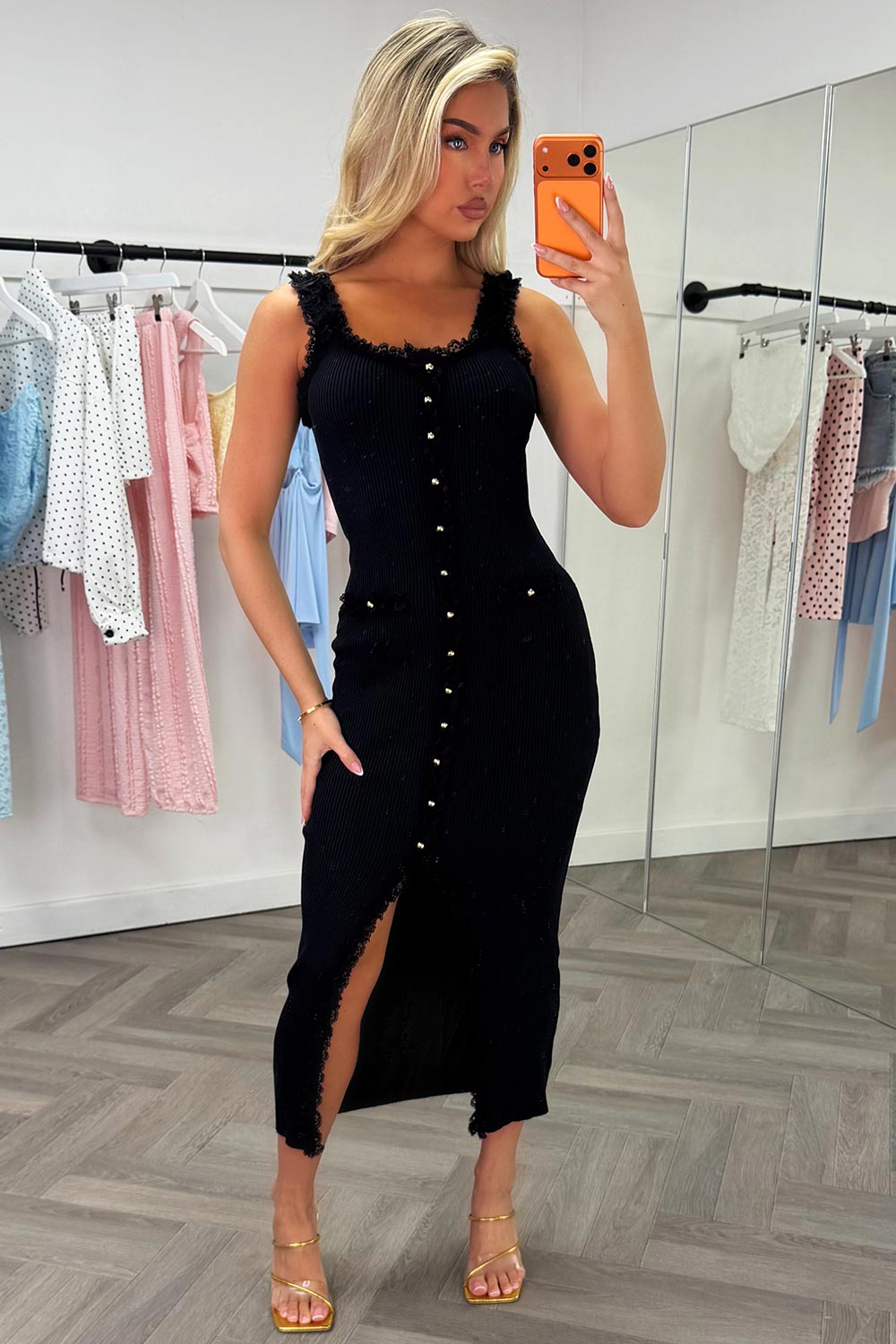 lace trim ribbed midi dress with gold buttons styledup