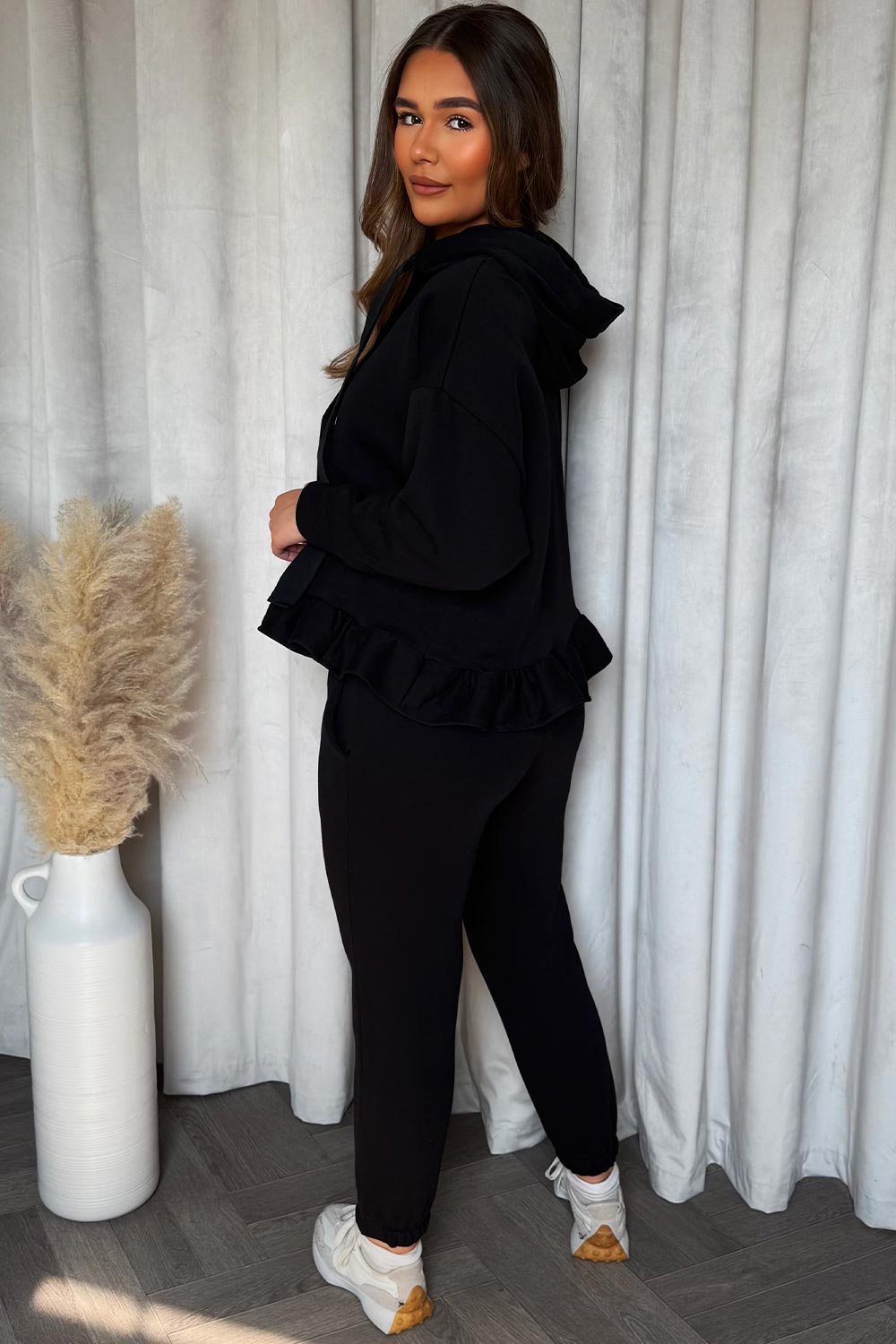 Sweatshirt And Joggers Loungewear Co Ord With Hood Peplum Frill Hem Black