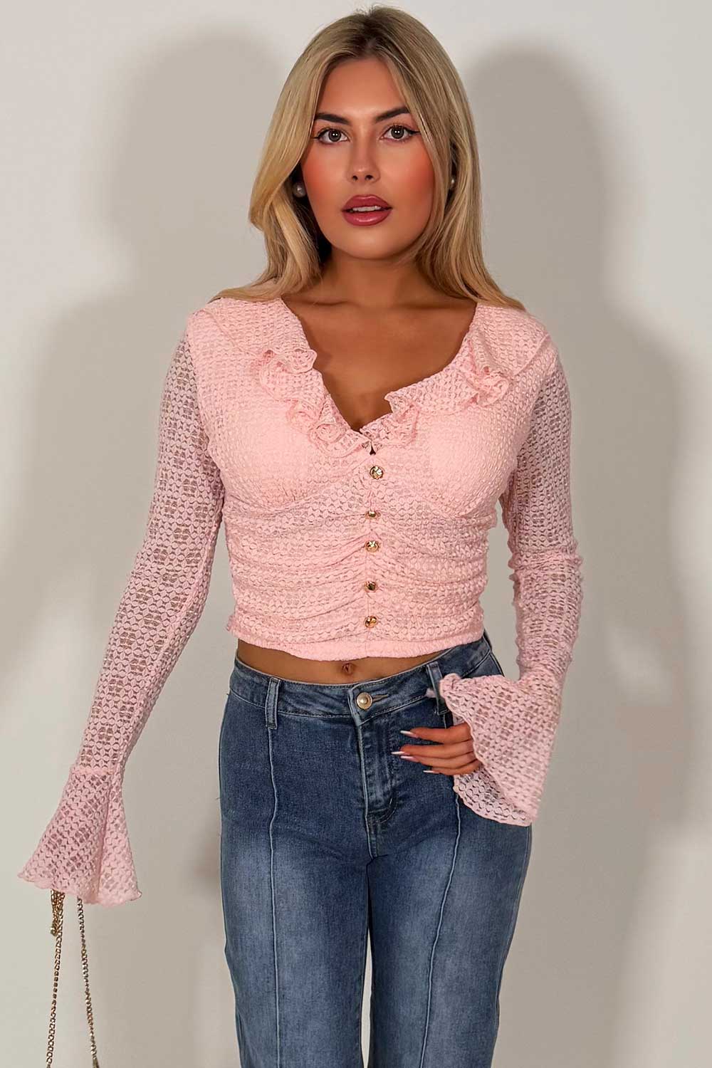 frilly ruffle long sleeve top with gold buttons for womens summer holiday clothes styledup uk