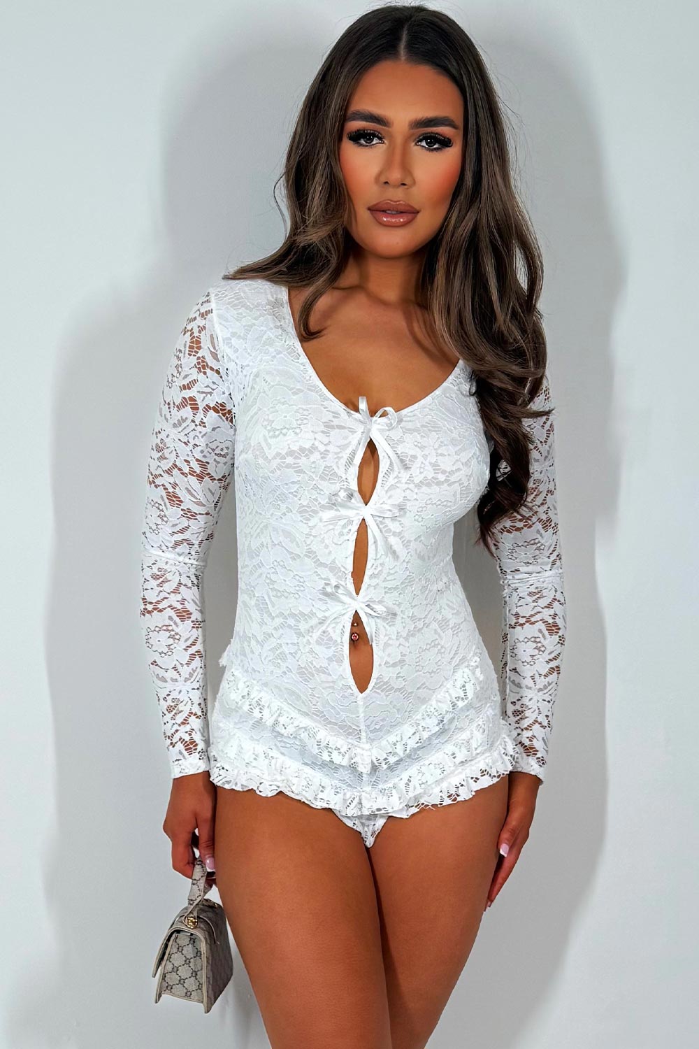 styledup long sleeve lace playsuit with cut out bow front festival holiday outfit styledup