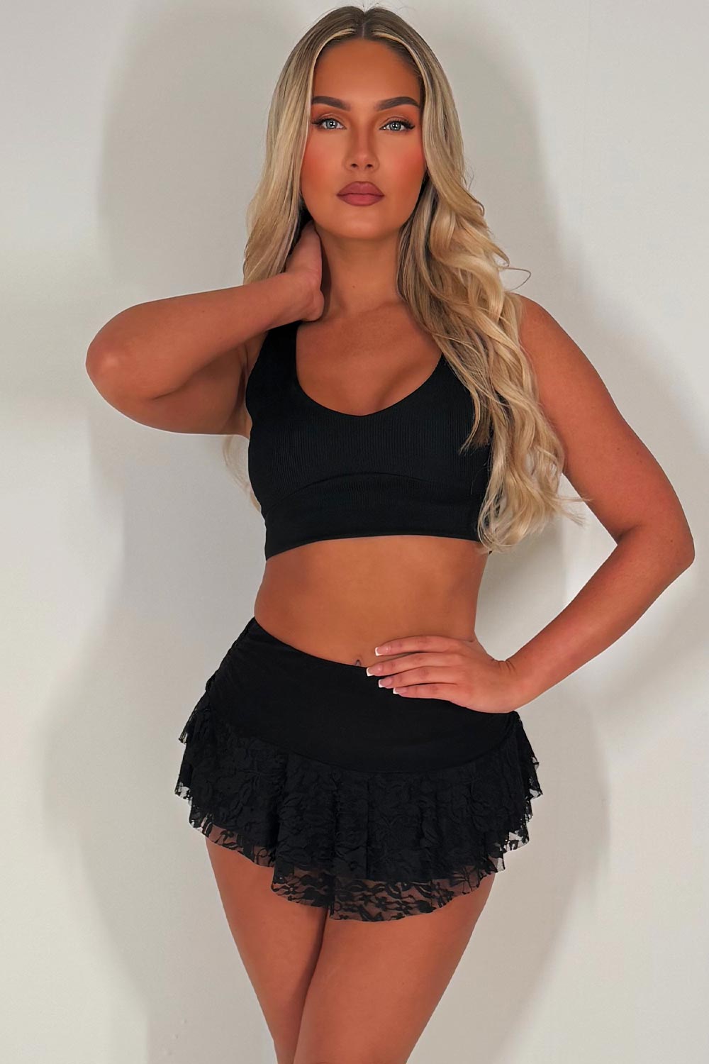 frilly ruffle mini lace skirt and ribbed crop top co ord set black
