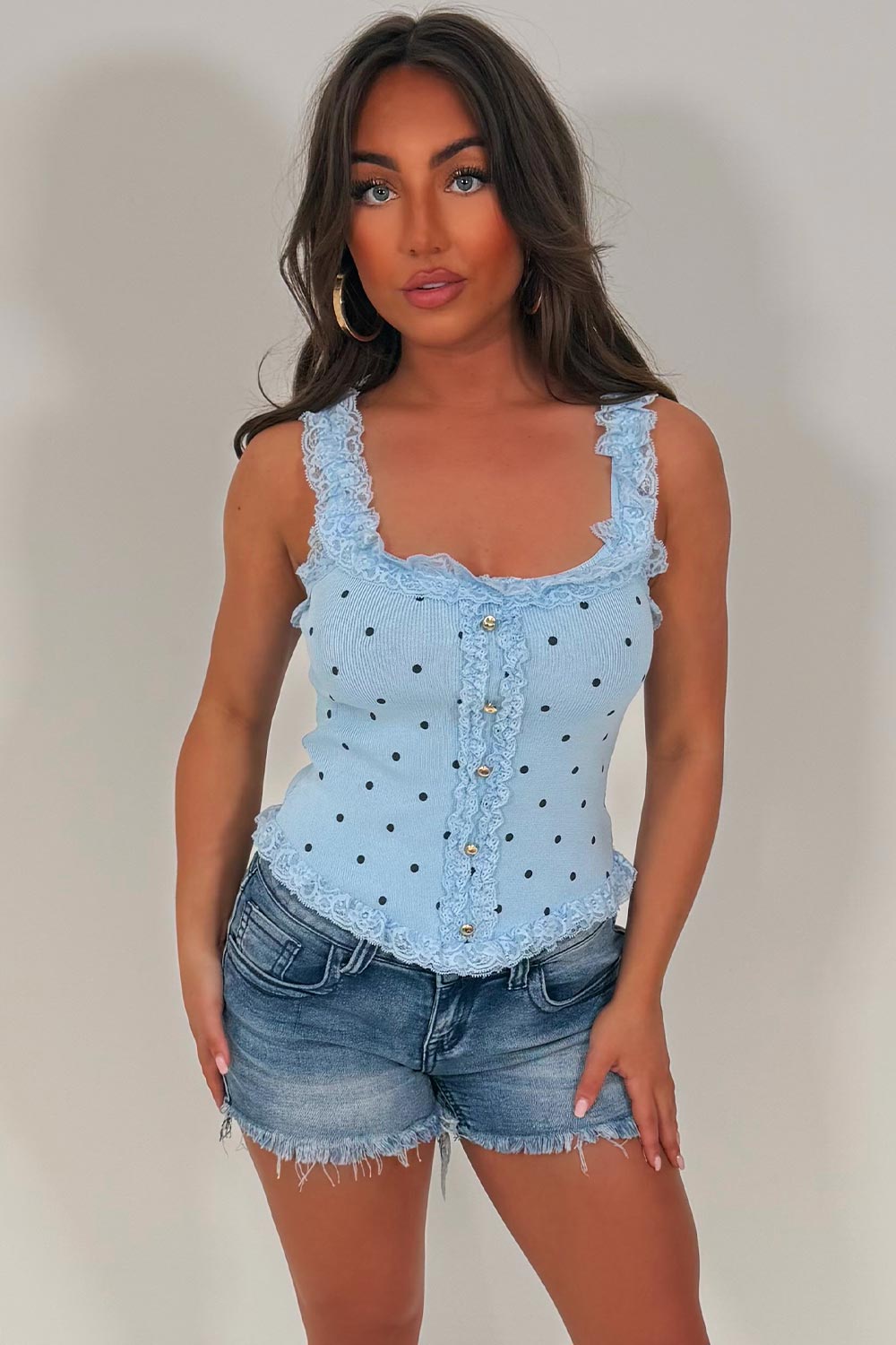 summer holiday outfits polka dot top with lace trim styledup white fox uk sale