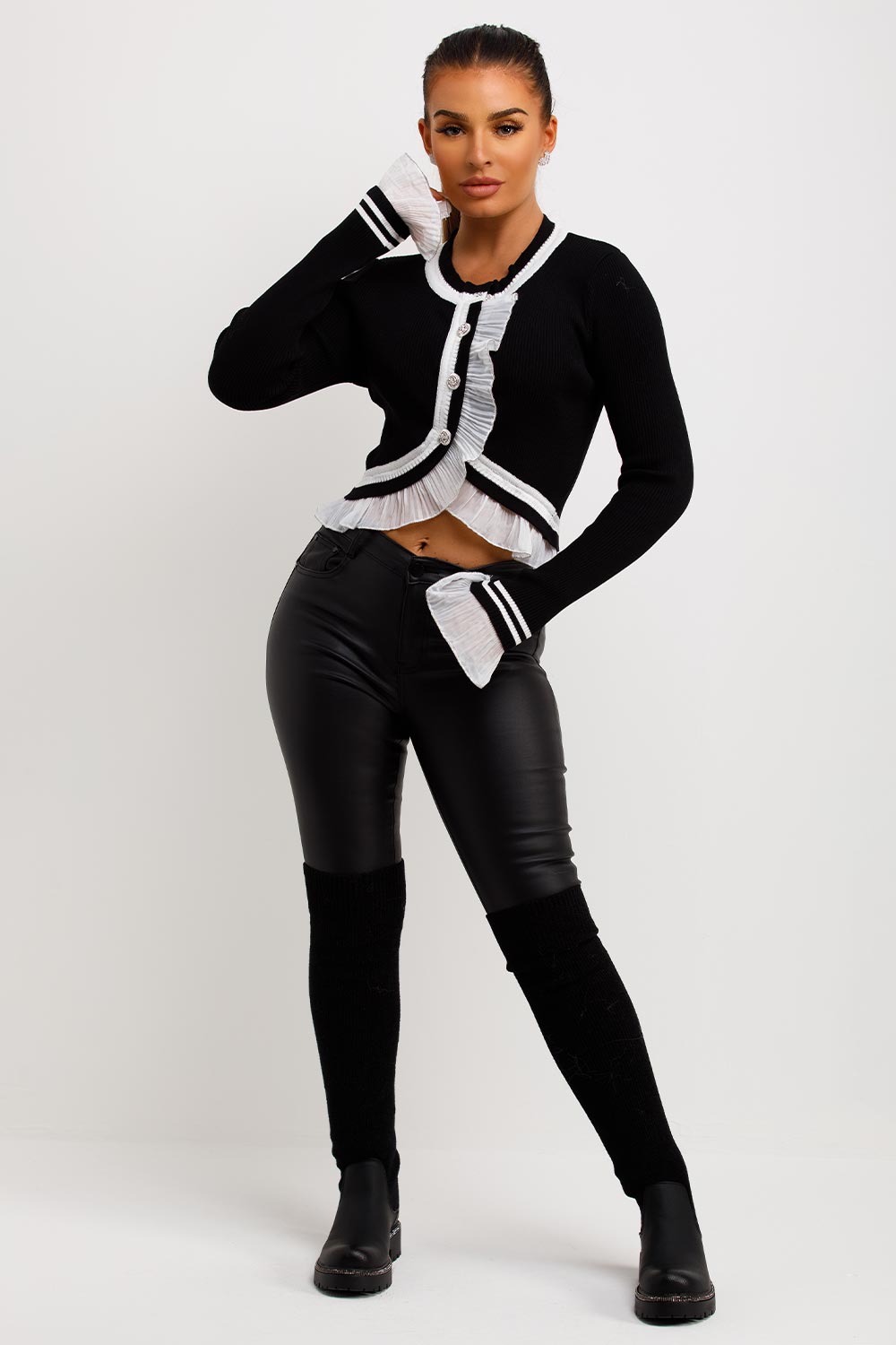 womens knitted jumper with buttons frilly ruffle detail